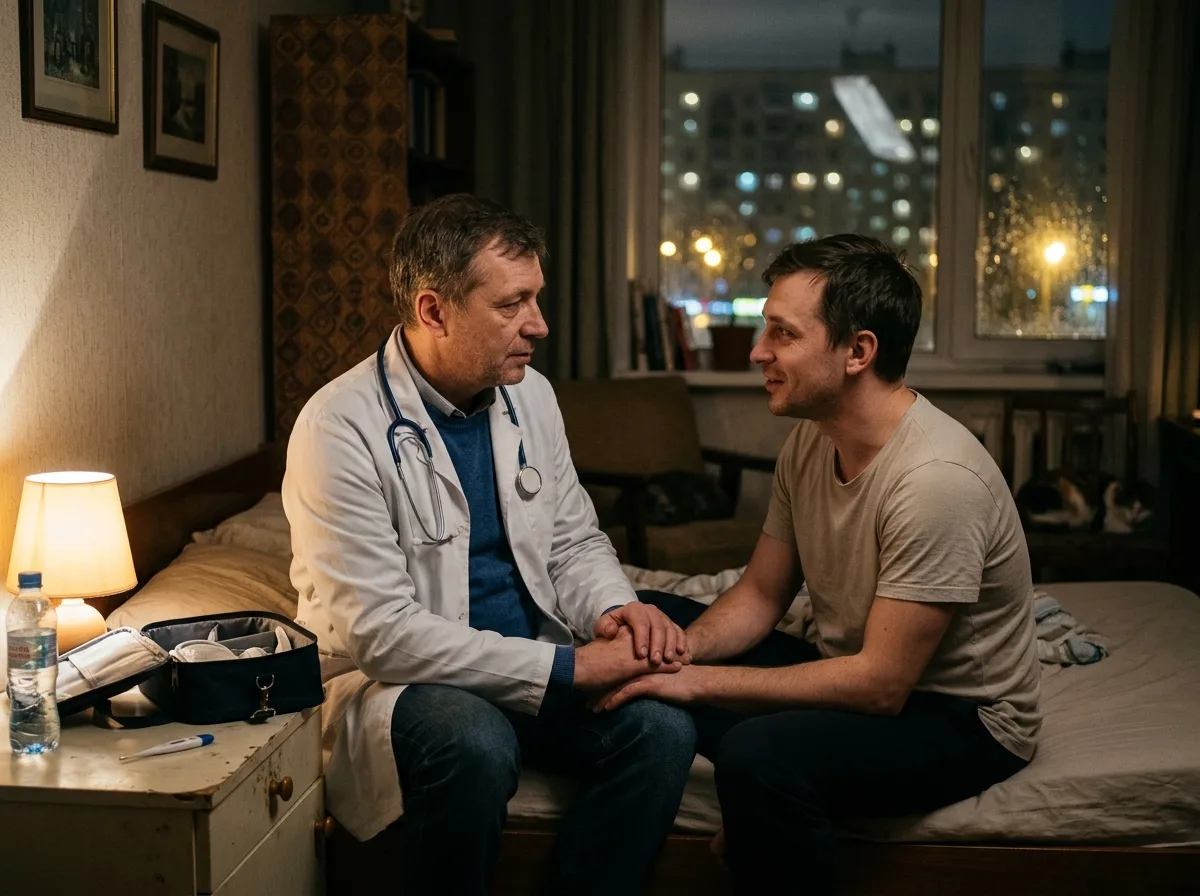 Врач-нарколог приехал на вызов к пациенту домой в Москве, проводит осмотр, ночной выезд, доверительная атмосфера
