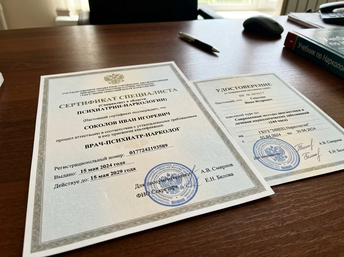 Сертификат специалиста психиатра-нарколога с печатью медицинского учреждения, документ о повышении квалификации