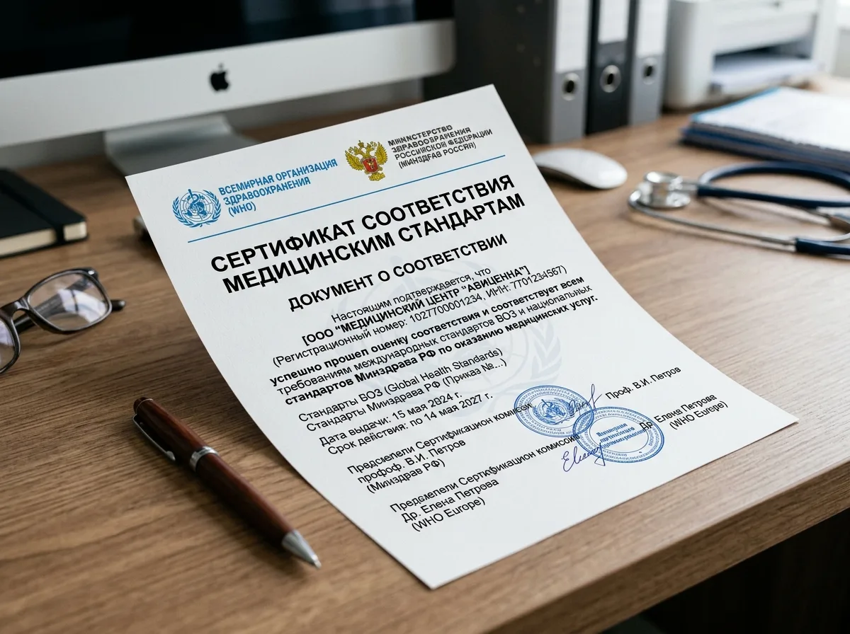 Документ соответствия медицинским стандартам ВОЗ и Минздрава РФ — бланк с логотипом организации