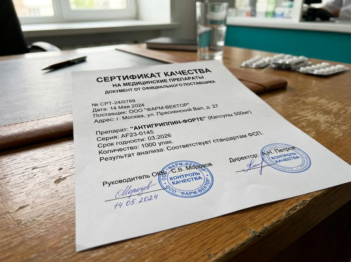 Сертификат качества на медицинские препараты — документ от официального поставщика с печатями