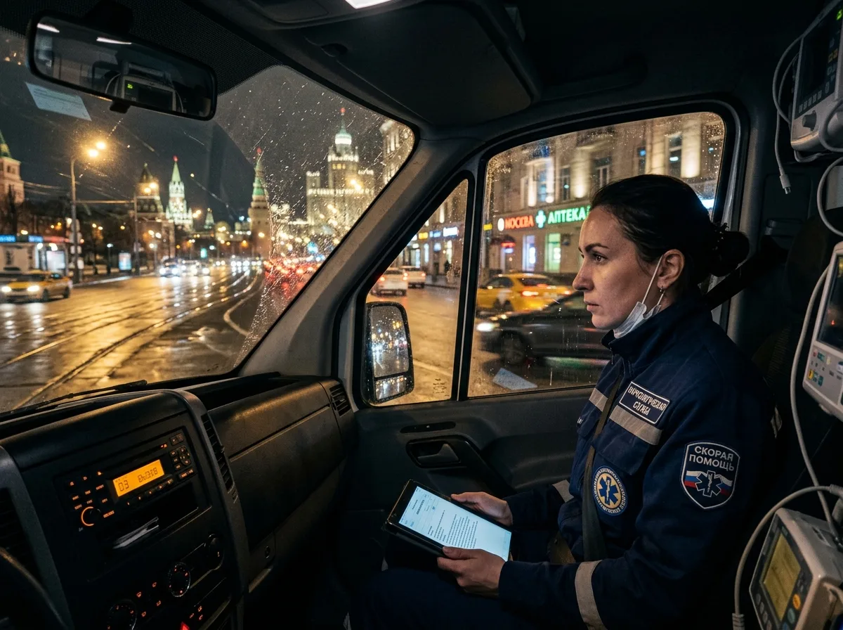 Медицинский специалист нарколог едет на вызов ночью по Москве, вид из окна автомобиля, огни города, срочность и профессионализм